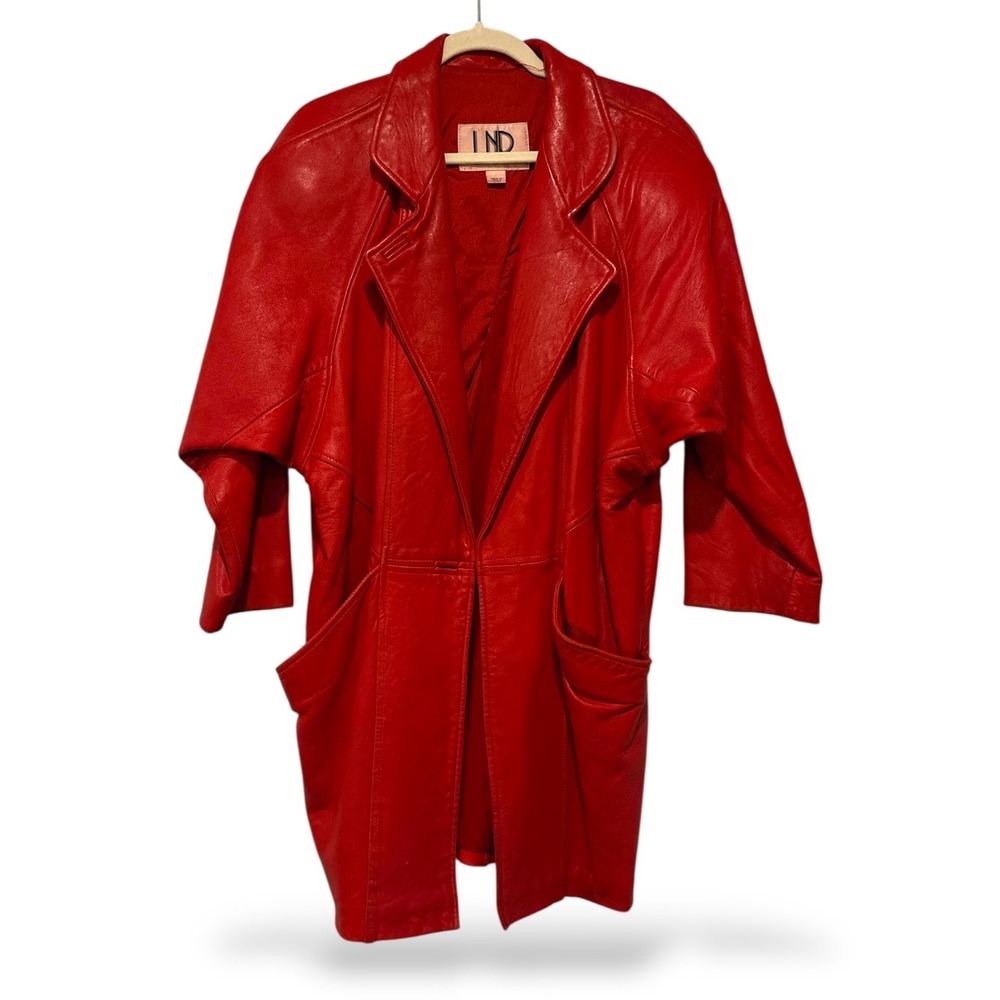 LNR Vintage 80s Red Genuine Leather Oversized Dolman Sleeve Coat Womens Small